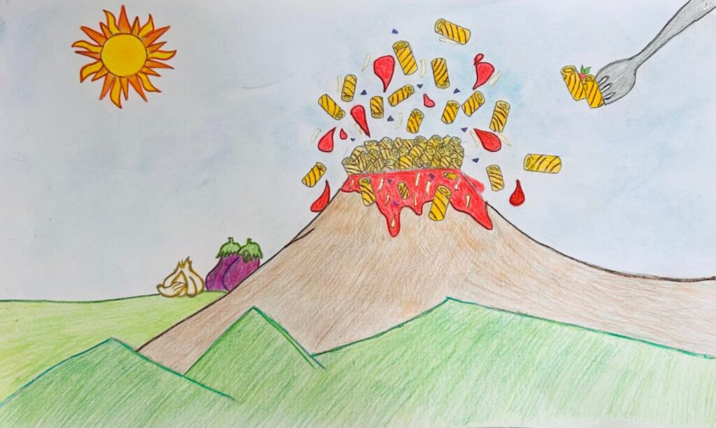 Disegno con Etna che erutta pasta alla Norma